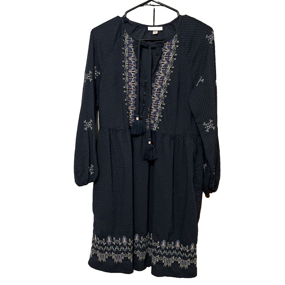 KNOX ROSE Dress Womens S Blue Cross Stitch Cottage Boho Lagenlook Loose Flowy